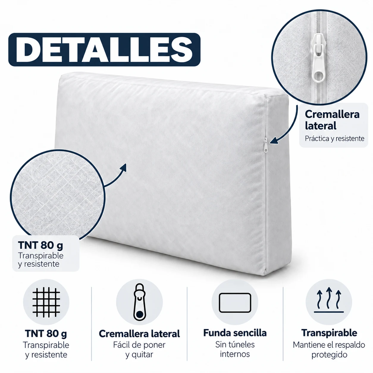 Detalles funda interior TNT 80 g con cremallera lateral