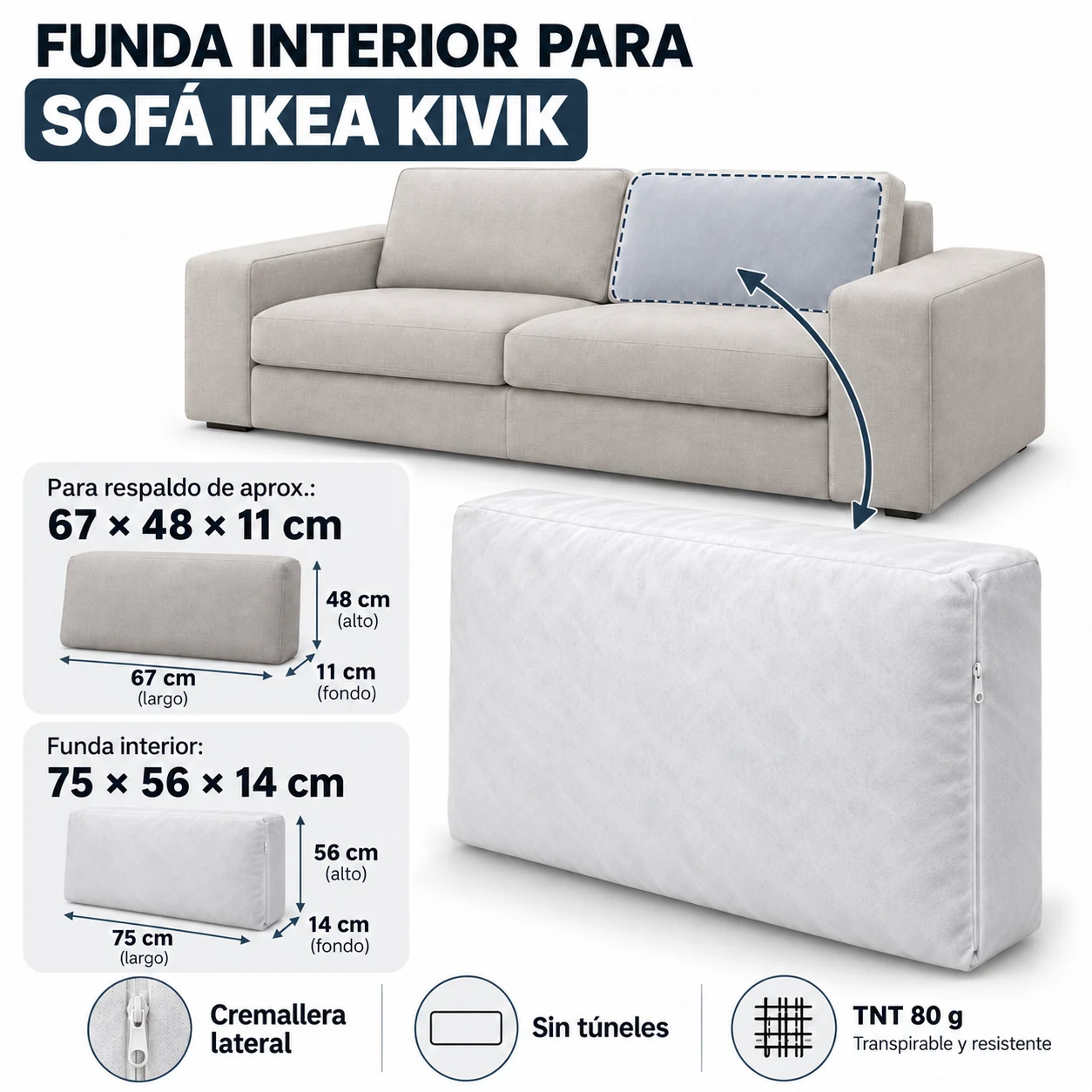 Funda interior para respaldo IKEA KIVIK 67x48x11 cm con medidas