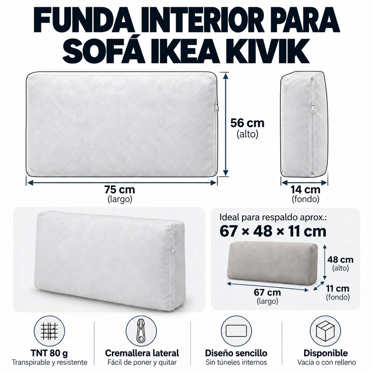 Funda interior para respaldo de sofá IKEA KIVIK 75x56x14 cm