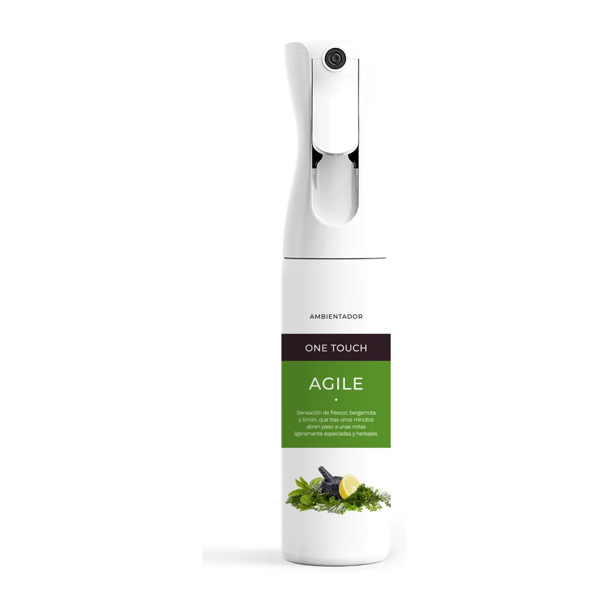 Ambientador ONE TOUCH Agile de 300 ml, pulverizador blanco sobre fondo blanco