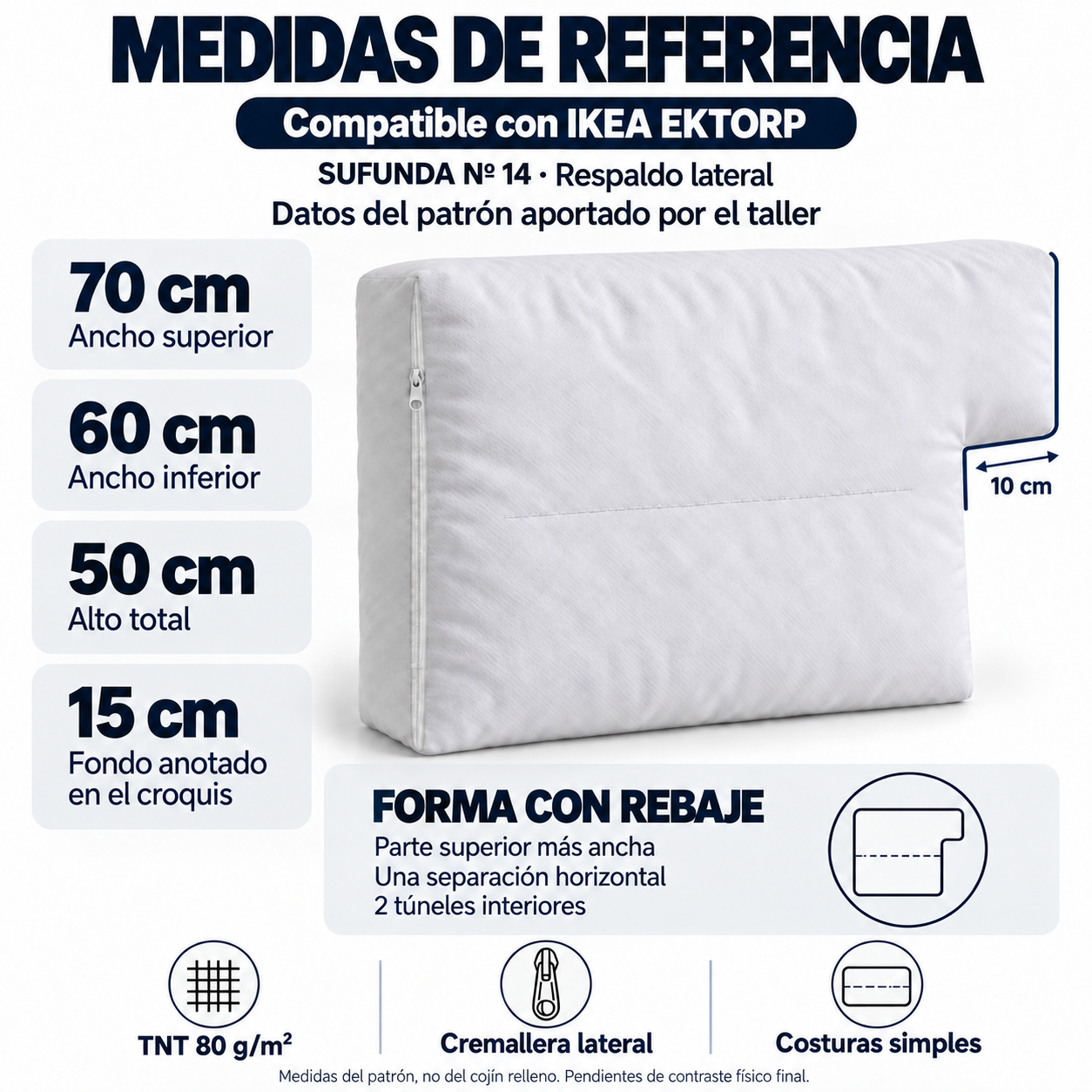 Medidas de referencia del respaldo lateral SUFUNDA Nº14 para EKTORP: 70 cm de ancho arriba, 60 cm abajo, 50 cm de alto y 15 cm de fondo
