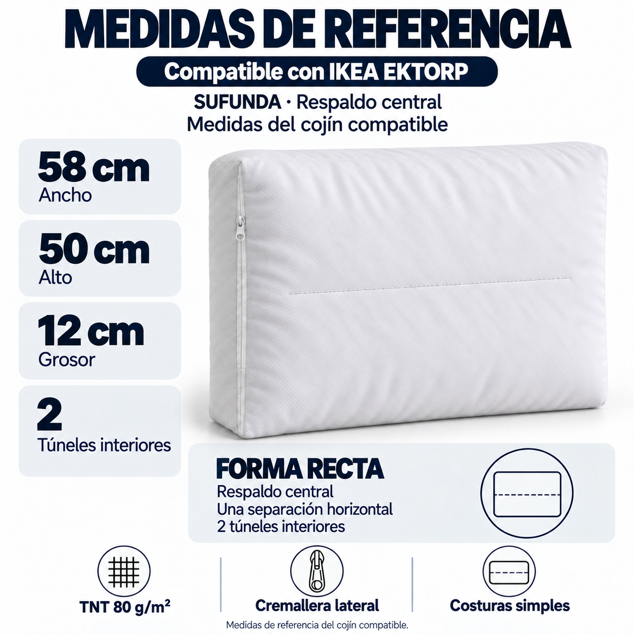 Medidas del cojín compatible con el respaldo central SUFUNDA para EKTORP: 58 cm de ancho, 50 cm de alto y 12 cm de grosor