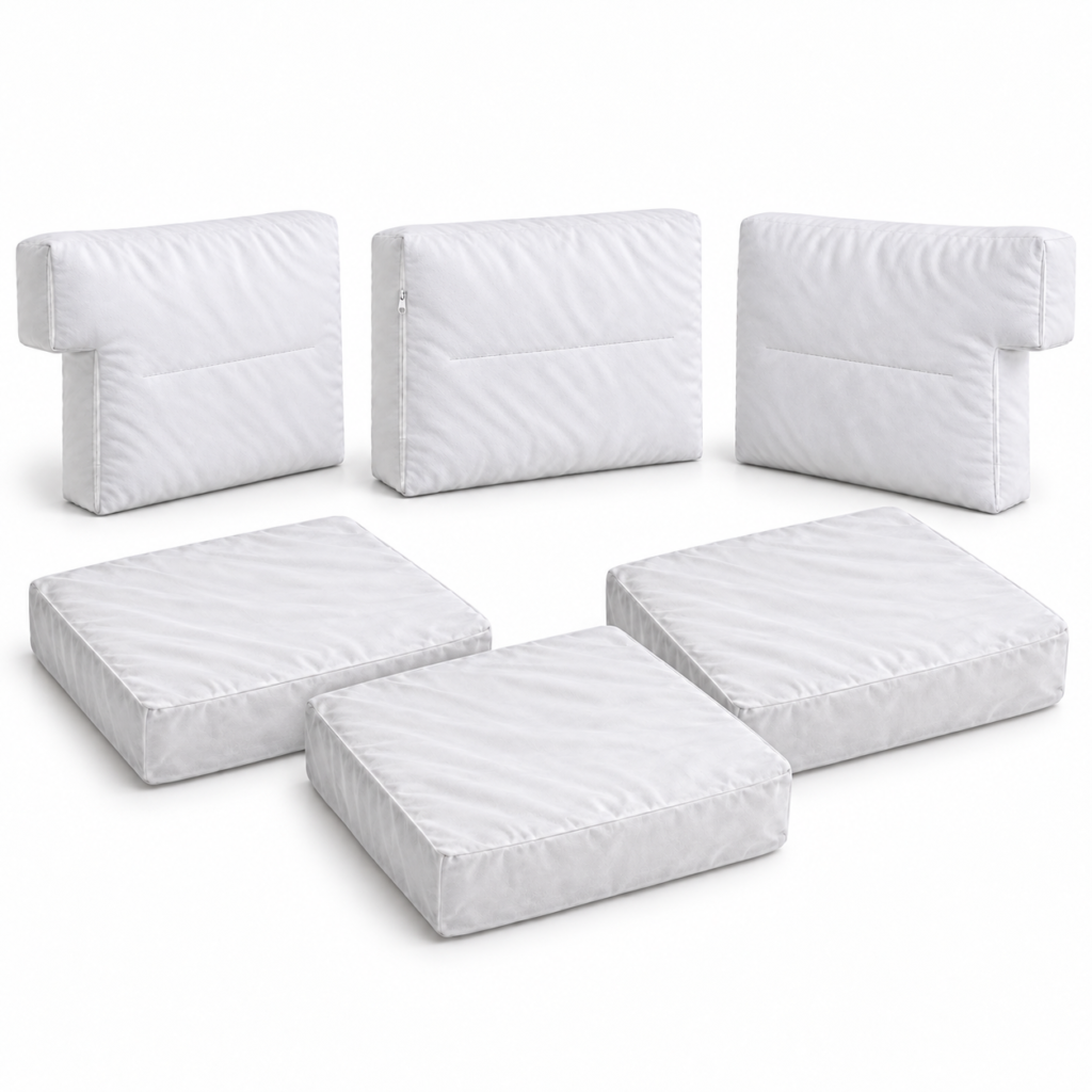 Pack de 6 fundas interiores SUFUNDA compatibles con IKEA EKTORP de 3 plazas: 2 respaldos laterales, 1 respaldo central y 3 asientos; se muestran con volumen y se venden vacías