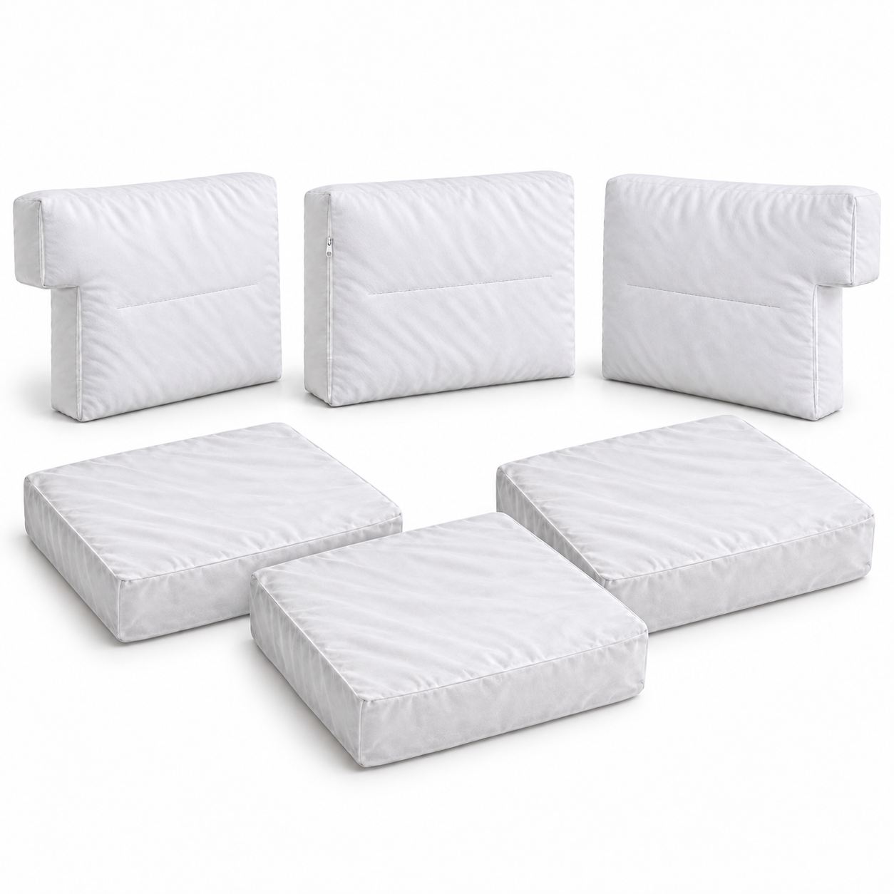 Pack de 6 fundas interiores SUFUNDA compatibles con IKEA EKTORP de 3 plazas: 2 respaldos laterales, 1 respaldo central y 3 asientos; se muestran con volumen y se venden vacías